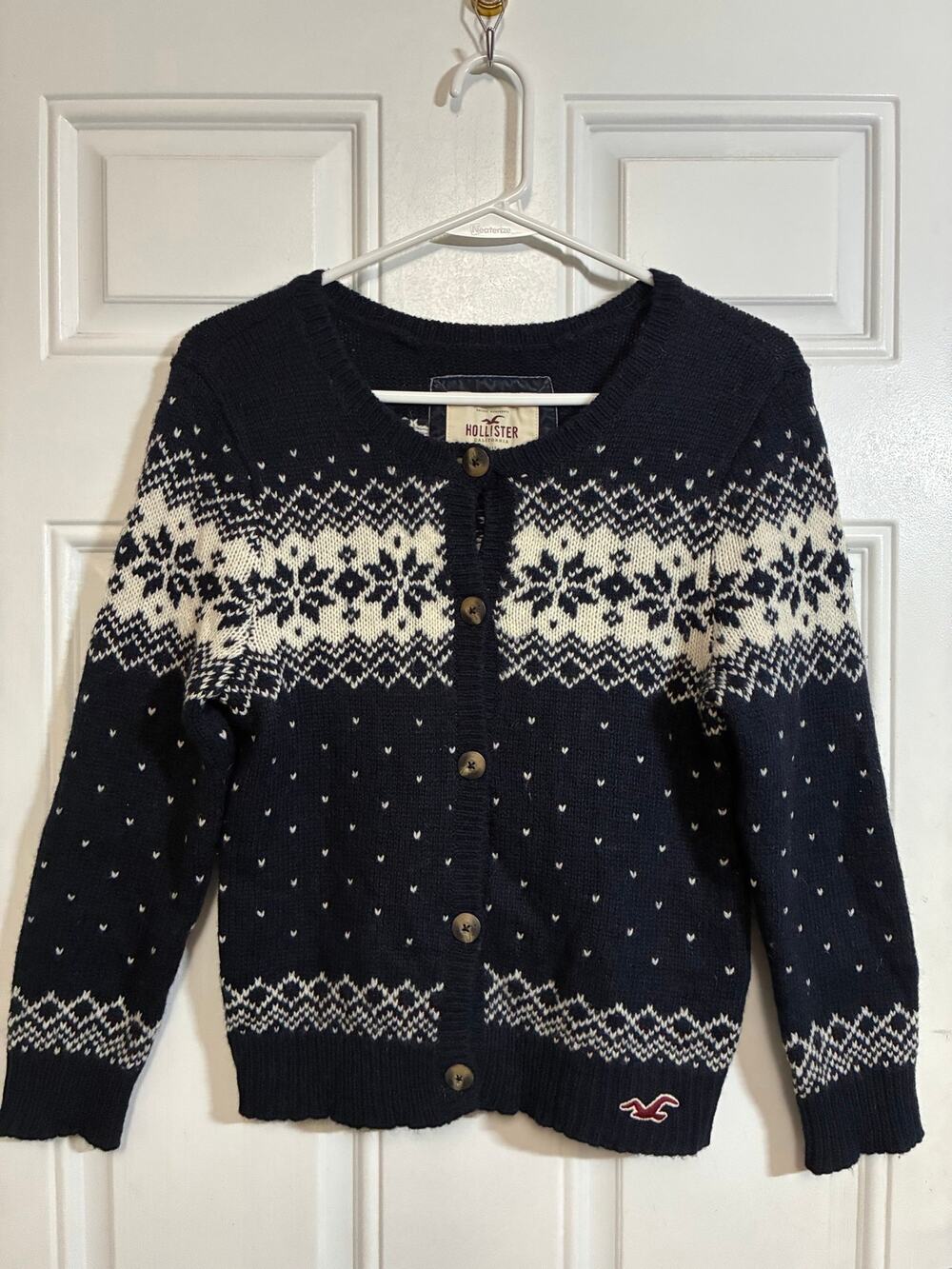 Hollister Womens L Fair Isle Cardigan Navy Cream Wool Blend Nordic Sweater